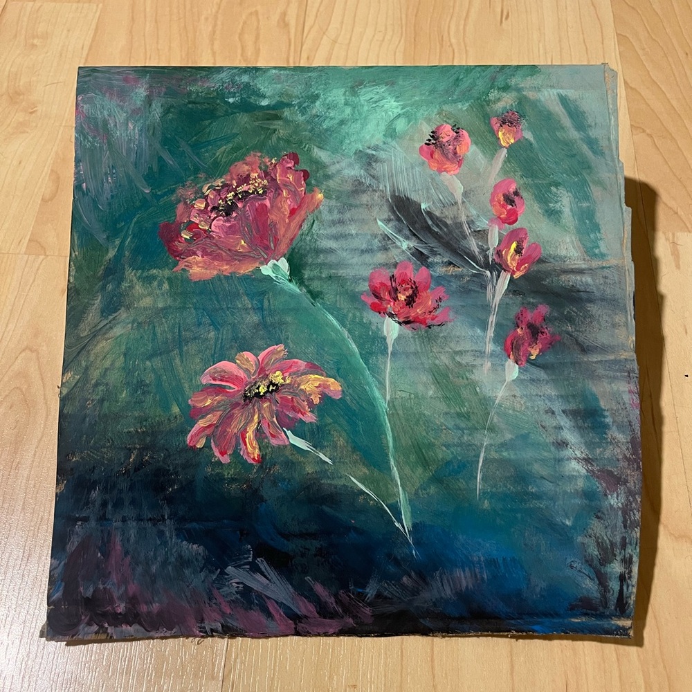 Floral Canvas Painting with‎ Red and Green Hues